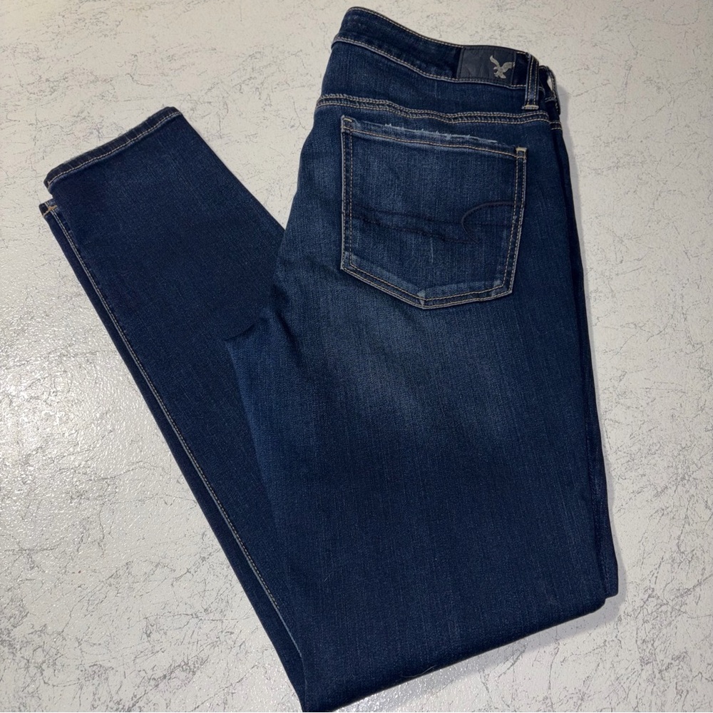 AE Jegging 14long 14L dark blue mildly distressed slim fit skinny leg mid-rise